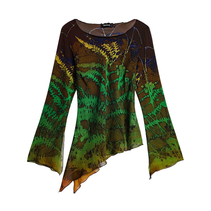 Desigual26秋冬LACROIX联名渐变植物印花船领微喇叭长袖女式衬衫