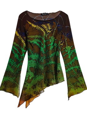 Desigual26秋冬LACROIX联名渐变植物印花船领微喇叭长袖女式衬衫