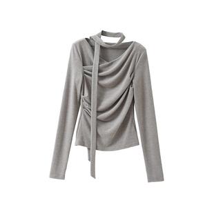 POPCHRIO欧可芮◆绒面法式优雅飘带露锁骨长袖T恤修身收腰V领上衣