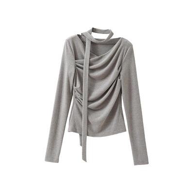 褶皱飘带露锁骨长袖打底