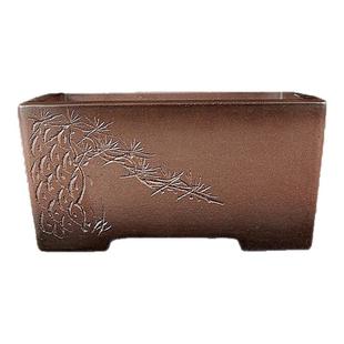 宜兴紫砂精品盆景花盆 全手工仿古长方刀刻松柏紫泥透气老鸦黑松