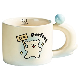 言仓线条小狗马克杯带盖陶瓷杯水杯可爱家用早餐杯咖啡杯女生礼物
