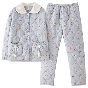 三层夹棉睡衣女秋冬季2025新款纯棉加绒加厚高级感家居服两件套装