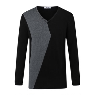 秋天男士拼色长袖T恤鸡心领打底衫春秋款外套5XL加大码纯棉上衣服