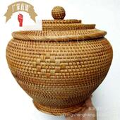 新款 秋藤编茶叶收纳储物盒大号带盖带揪普洱小沱茶叶罐茶道零配