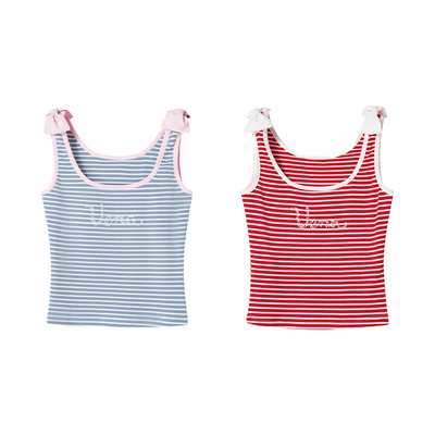 Uena烫钻肩部蝴蝶结条纹背心