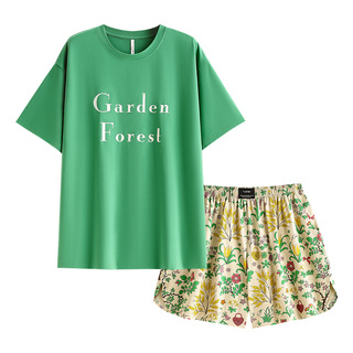 悦内睡衣女款夏季夏天短袖短裤纯棉大码家居服休闲时尚可外穿出门
