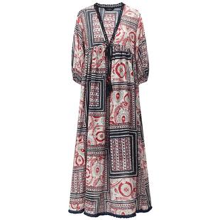 COCOBELLA波普印花异域风连衣裙女秋流苏毛边V领度假长裙FR930