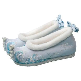 冬季加绒大码古风汉服鞋搭配内增高古装翘头履绣花鞋女明制学生鞋