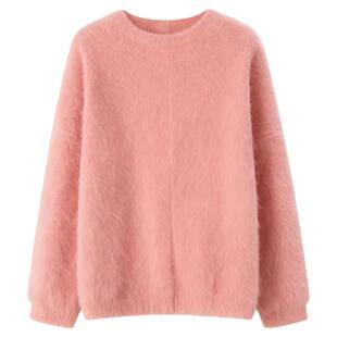 法式温柔风粉色圆领针织衫加厚毛绒韩系女2025秋冬慵懒内搭打底衫