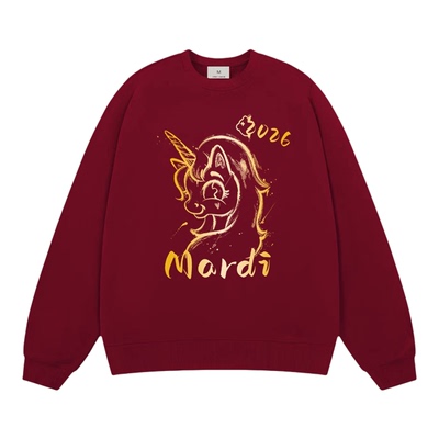 Mardi新年款红色2026独角兽小马卫衣男女情侣装韩系圆领纯棉上衣