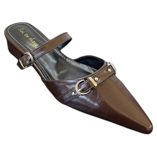 韩版气质尖头金属扣带包头半拖2025年新款春秋一字扣带粗跟凉拖鞋