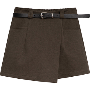 设计感毛呢裙裤女假两件防走光A字半身短裙高腰不对称内衬短裤