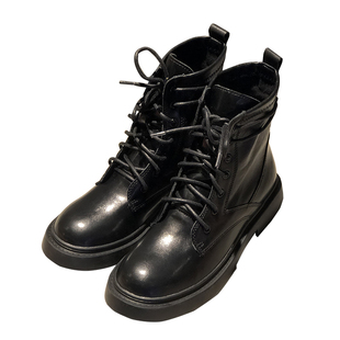 系带短靴女潮牌女鞋2023年秋冬季新款粗跟平底黑色透气马丁靴加绒