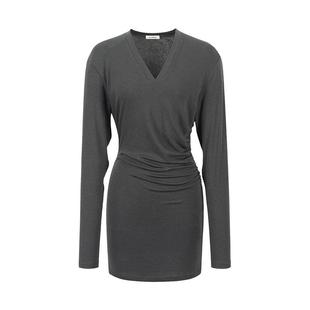 Le Grenat天丝羊毛V领堆积感不规则下摆长袖T恤