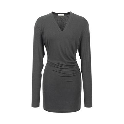 Le Grenat天丝羊毛V领堆积感不规则下摆长袖T恤