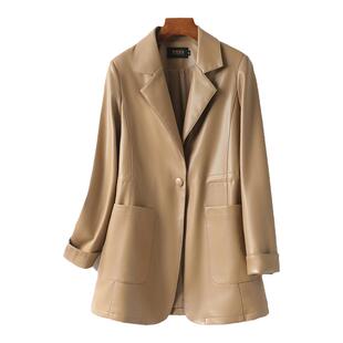 海宁皮衣女真皮外套中长款西装领收腰气质皮西服春秋新款绵羊皮女