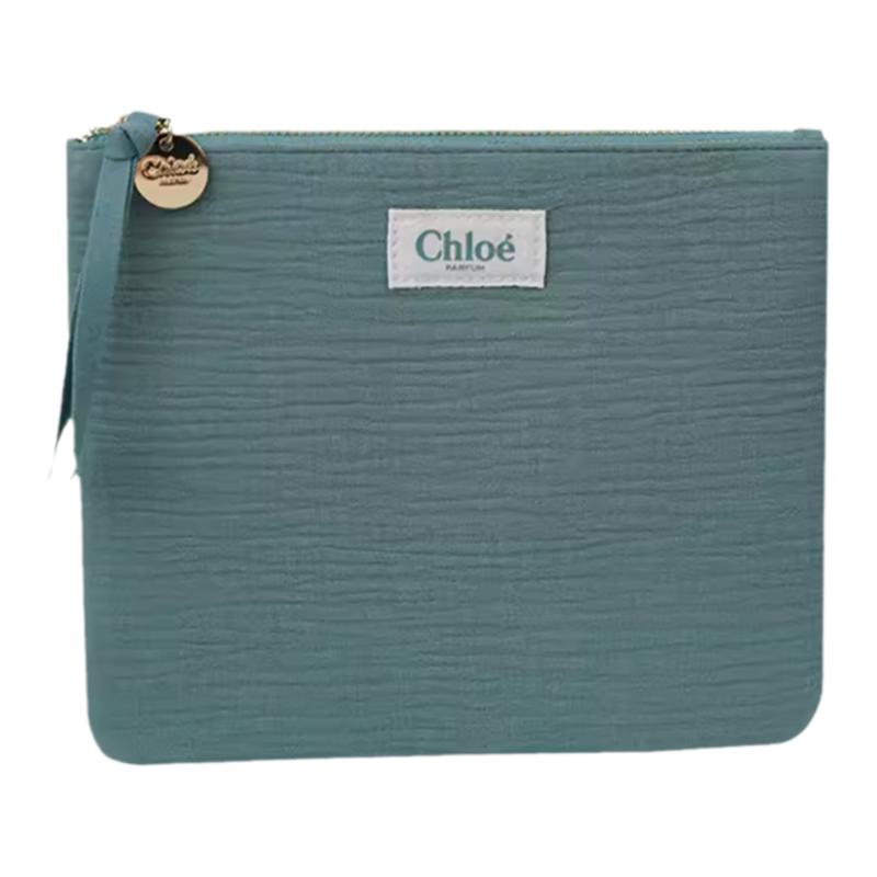 Chloe蔻依新款豆绿色化妆包 收纳包金色logo拉链包 信封小包