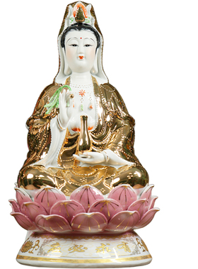 陶瓷描金南海观音菩萨佛像客厅家用摆件供奉描金金衣观世音菩萨像
