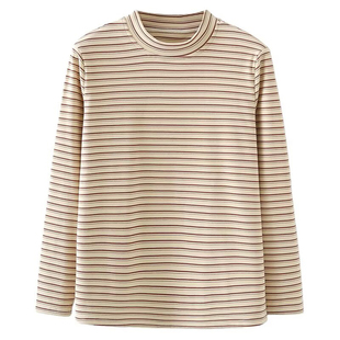 大码女装德绒条纹打底衫秋冬款加绒加厚冬季保暖内衣长袖T恤上衣