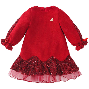 女童红色加绒连衣裙冬装2025新款洋气小女孩亮片公主裙儿童拜年服