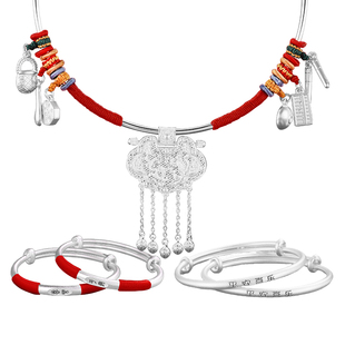 宝宝银手镯脚镯天子门生银锁纯银项圈婴儿银饰五件套满月周岁礼物