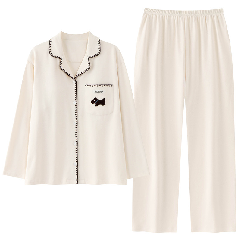 帕兰朵100%纯棉带胸垫睡衣女春秋季长袖宽松休闲家居服套装可外穿