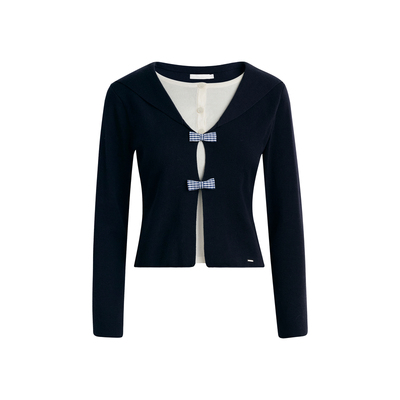 撞色假两件海军领针织衫上衣