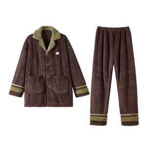 可人儿睡衣男冬季珊瑚绒加厚加绒保暖可外穿翻领男士长毛绒家居服