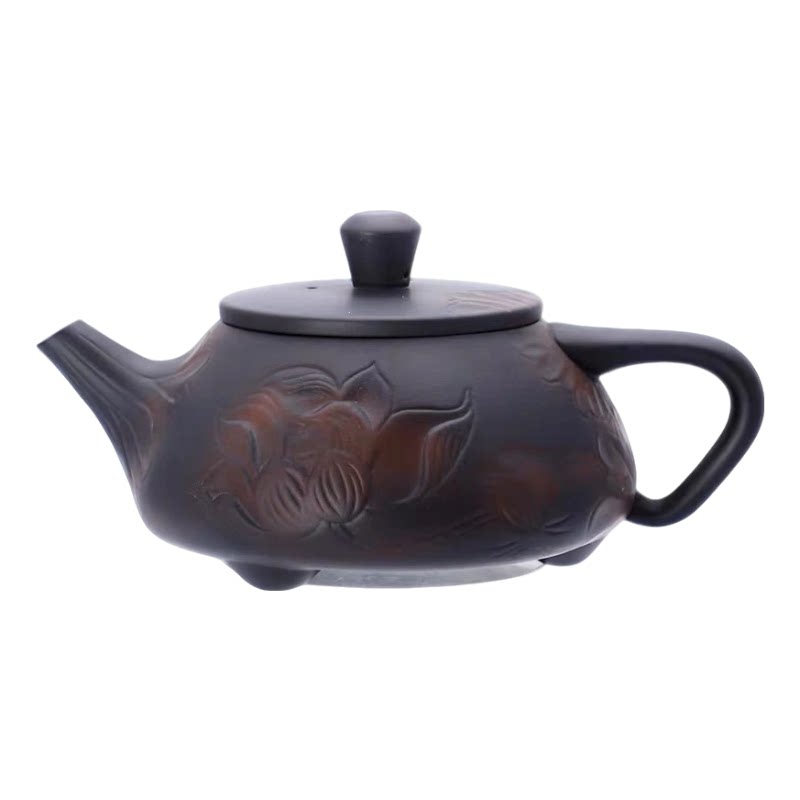 高档紫陶堆雕汉瓦大号手工茶壶
