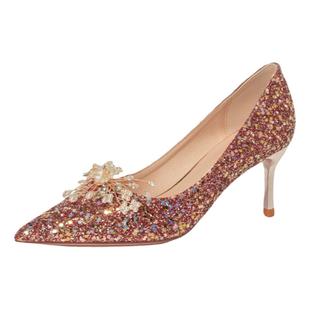 婚宴平时可穿婚纱礼服细高跟鞋2025年新款香槟色水晶新娘结婚鞋