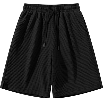 gxgjeans男装  黑色休闲华夫格肌理抽绳宽松直筒短裤男 26夏新品