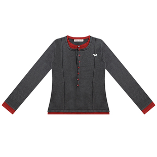 ziziFei秋冬季设计感假两件上衣撞色修身显瘦深灰色针织打底衫女