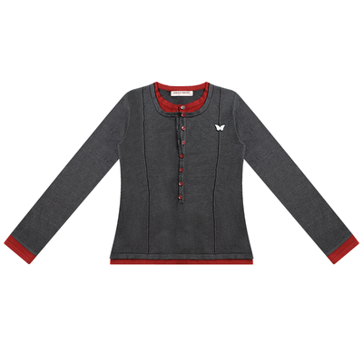 ziziFei秋冬季设计感假两件上衣撞色修身显瘦深灰色针织打底衫女