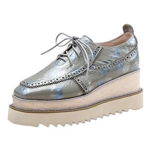 香柏莲系带真皮平底单鞋2024春款女鞋方头坡跟松糕厚底鞋女小个子