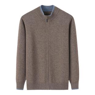 阿绒源100山羊绒男开衫内蒙古发货半高拉链双股驼色外穿休闲毛衣