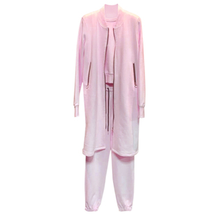 欧洲站女春秋欧货潮水粉色大码宽松休闲中长卫衣三件套装2025新款