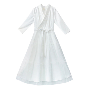 现货【七里笙】白色仿真丝提花连衣裙女春夏新款V领套头大摆型裙