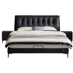 全友家居意式极简主卧黑色头层牛皮真皮床1米8双人床弹簧床垫组合