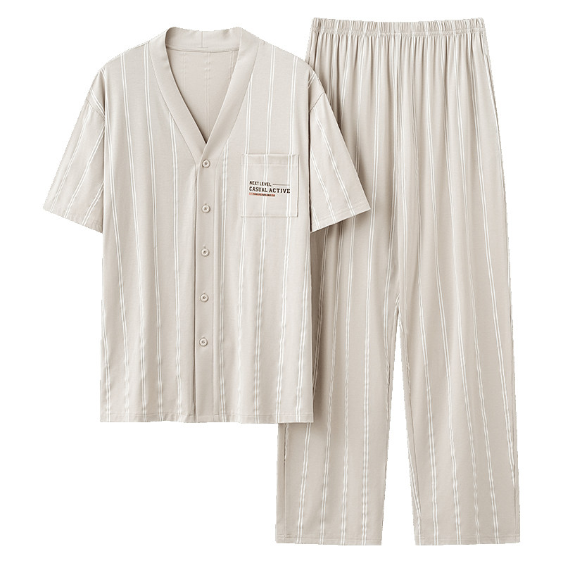 春秋夏季男士短袖长裤开衫家居服
