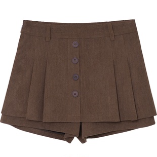 设计感灯芯绒裙裤女复古高腰百褶短裙单排扣显瘦A字条绒阔腿短裤