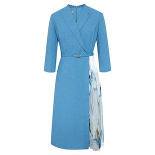 【诗艺印花】粉蓝衣橱2025秋新款艺术拼接设计感压褶翻领连衣裙女