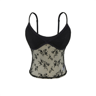 性感辣妹蕾丝透视背心女夏季新款设计感小众黑色短款修身露背上衣