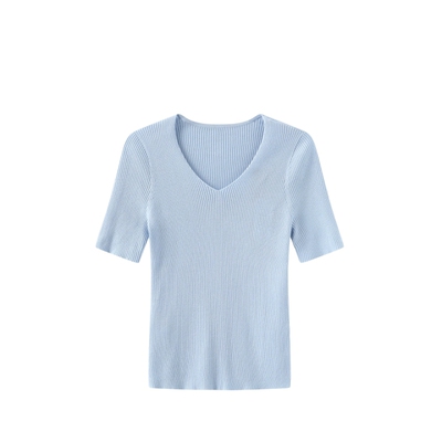 IMM尹默女装纯色V领半袖轻薄修身针织衫羊毛多色小衫打底衫夏
