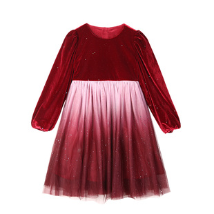 LittleNaive女童冬季加绒礼服裙儿童演出服主持人礼服红色连衣裙