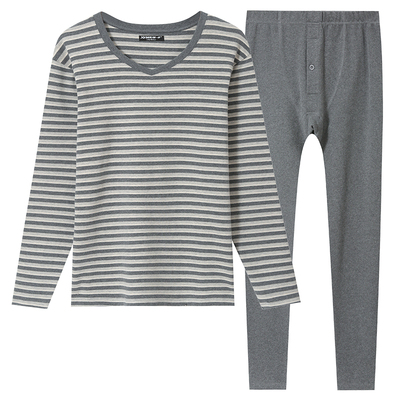 男纯棉加厚磨毛条纹保暖内衣套装