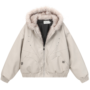 OV原创美式铆钉明线设计座山雕PU皮棉服女冬季宽松保暖连帽棉衣男