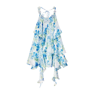 【宣璐同款】FLONAKED蓝色水墨碎花层叠荷叶边A摆吊带连衣裙