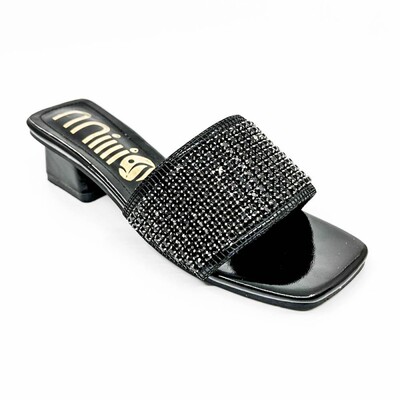 年货节洋气平底拖鞋女外穿百搭6厘米粗跟闪钻方头slippers heels