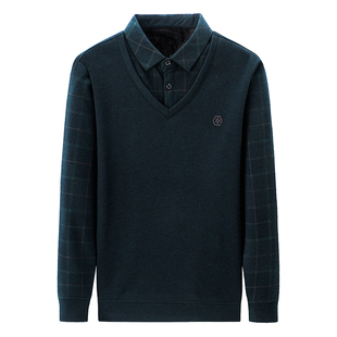 老爷车冬季加绒加厚假两件保暖上衣男士长袖t恤中年爸爸装打底衫